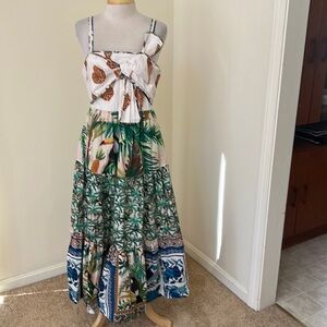 New! Farm rio medium mixed tropical print bow top midi dress.